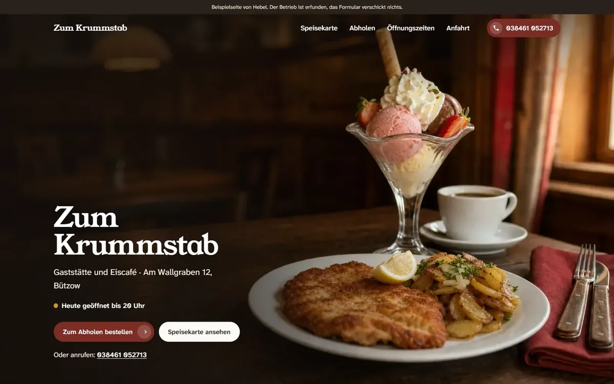 Startseite der erfundenen Gaststätte Zum Krummstab mit Abholbestellung und Speisekarte